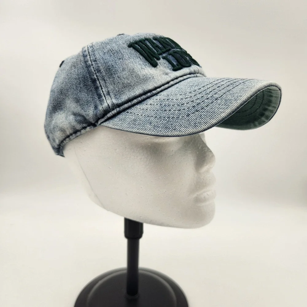Wanderlust Embroidered‎ Acid Wash Denim Baseball Cap Blue Green Adjustable NEW